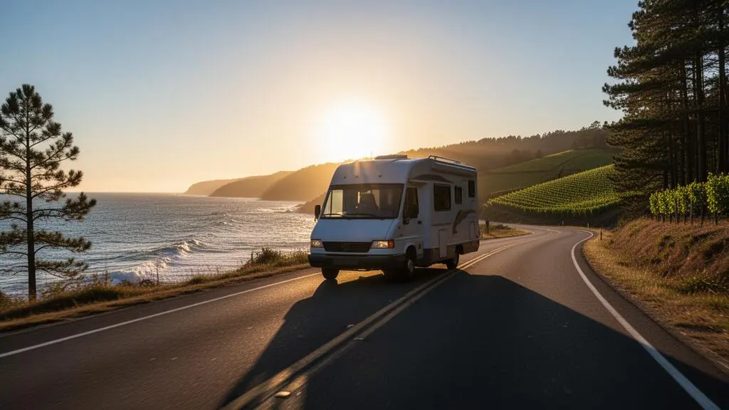 Camping-car roulant sur une route côtière au coucher du soleil entre l'océan Atlantique et les collines de Nouvelle-Aquitaine