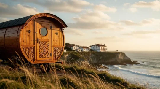 Une roulotte en bois sculpté installée face à l'océan Atlantique près de Biarritz, baignée par la lumière dorée du soir