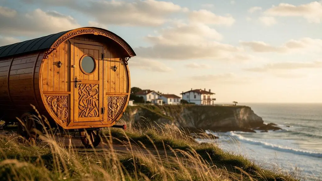 Une roulotte en bois sculpté installée face à l'océan Atlantique près de Biarritz, baignée par la lumière dorée du soir