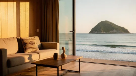 Salon d'un mobil-home avec baie vitrée panoramique offrant une vue sur l'océan et les montagnes du Pays Basque