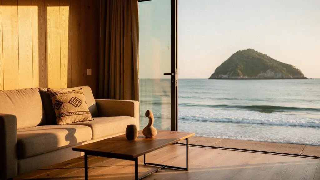 Salon d'un mobil-home avec baie vitrée panoramique offrant une vue sur l'océan et les montagnes du Pays Basque