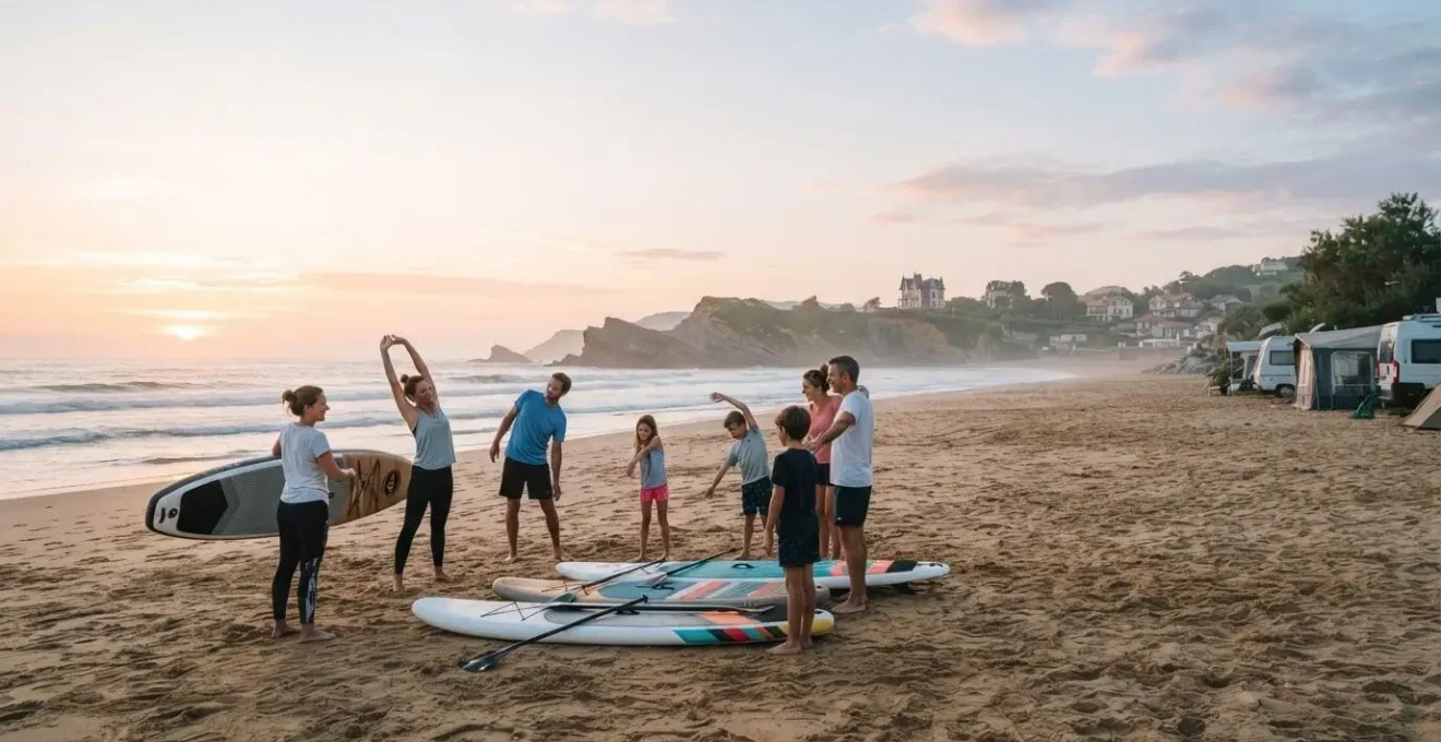 Vacanciers pratiquant une activité sportive sur la plage de Biarritz avec vue sur la côte basque et un camping en arrière-plan