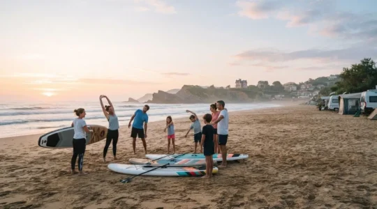 Vacanciers pratiquant une activité sportive sur la plage de Biarritz avec vue sur la côte basque et un camping en arrière-plan