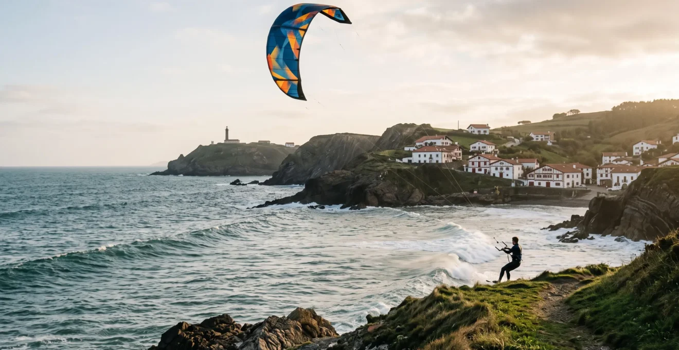 Vue panoramique de la côte basque à Biarritz avec un kitesurfeur naviguant dans une zone autorisée en bord de plage