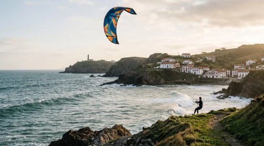 Vue panoramique de la côte basque à Biarritz avec un kitesurfeur naviguant dans une zone autorisée en bord de plage